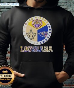 Awesome Louisiana City Sports hoodie featuring LSU Tigers, Pelicans, and Saints logos for passionate fans.