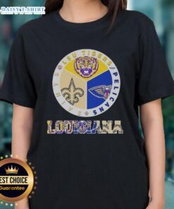 Alt Text: Awesome Louisiana city sports tee featuring LSU Tigers, Pelicans, and Saints for ladies' casual wear.