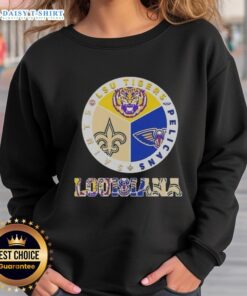 Awesome Louisiana City Sports sweatshirt featuring LSU Tigers, Pelicans, and Saints logos for fans of all teams.