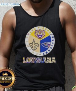 Awesome Louisiana City sports tank top featuring LSU Tigers, Pelicans, and Saints logos for fans.