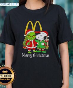 Awesome McDonald's x Grinch and Snoopy Merry Christmas ladies tee featuring festive designs for holiday cheer.