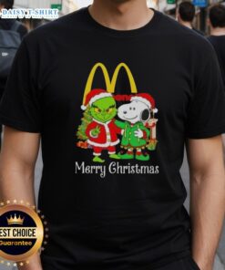 Alt Text: Awesome McDonald's X Grinch and Snoopy Merry Christmas T-Shirt featuring festive designs for the holiday season.