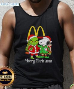 Awesome McDonald's X Grinch and Snoopy Merry Christmas tank top featuring festive designs for holiday celebrations.