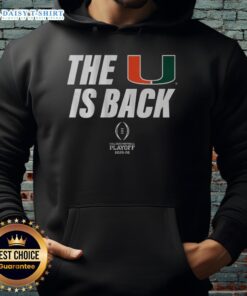 Awesome Miami Football 2025 CFP hoodie featuring 'The U Is Back' design, perfect for fans celebrating team spirit.