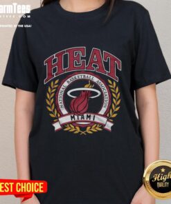 Retro Miami Heat NBA logo with laurel wreath frame on a ladies tee, showcasing vibrant team spirit and style.