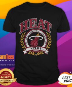 Retro Miami Heat NBA logo t-shirt featuring a laurel wreath frame, perfect for basketball fans and collectors.