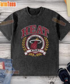Alt Text: Retro washed t-shirt featuring the Miami Heat NBA logo framed by a laurel wreath, perfect for basketball fans.