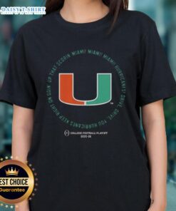 Alt Text: Miami Hurricanes ladies tee featuring 'Drive, Drive, Drive' design, perfect for fans supporting CFP 2025-26.