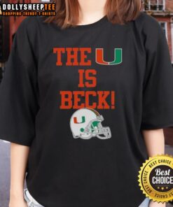 Awesome Miami Hurricanes Football 'The U' Beck Helmet Ladies Tee featuring vibrant team colors and stylish design.