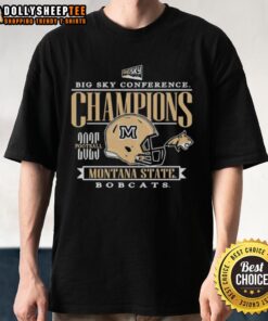 Awesome Montana State Bobcats 2025 Big Sky Conference Football Champions Helmet T-Shirt featuring team logo and colors.