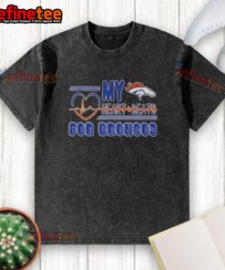 Alt Text: Awesome My Heart Beats for Denver Broncos Football washed t-shirt featuring team colors and logo, perfect for fans.
