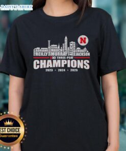 Awesome Nebraska Huskers Big Three-Peat Champions 2025 Ladies Tee showcasing team pride and style in vibrant colors.