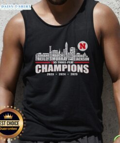 Awesome Nebraska Huskers Big Three-Peat Champions 2025 tank top featuring bold team colors and logo design.
