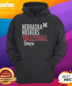 Awesome Nebraska Huskers Volleyball text logo overlay hoodie in red and white, perfect for fans and athletes.