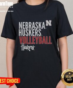 Alt Text: Nebraska Huskers volleyball text logo overlay on a stylish ladies tee, perfect for fans and casual wear.
