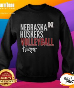 Awesome Nebraska Huskers Volleyball text logo overlay sweatshirt in vibrant red and white design, perfect for fans.