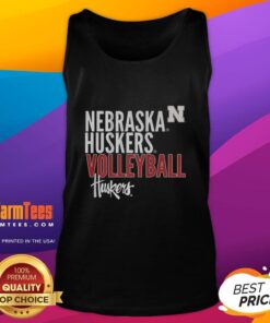 Alt Text: Awesome Nebraska Huskers volleyball text logo overlay tank top in red and white, perfect for fans and athletes.