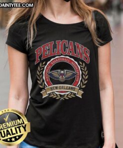 Alt Text: Retro New Orleans Pelicans logo with laurel wreath frame on a ladies tee, perfect for NBA fans and casual wear.