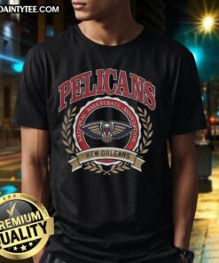 Awesome New Orleans Pelicans NBA logo with laurel wreath frame on a retro t-shirt design, perfect for fans.