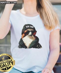 Awesome New York Jets mascot wearing a beanie and sunglasses on a ladies tee, perfect for game day fashion.