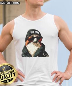 Awesome New York Jets mascot wearing a beanie, sunglasses, and a tank top, showcasing team spirit and style.