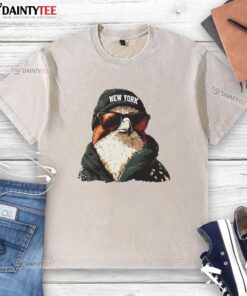 Awesome New York Jets mascot in beanie and sunglasses, showcasing team spirit in a washed t-shirt.