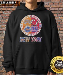 Awesome New York Knicks, Mets, Devils, Giants mashup logo hoodie showcasing vibrant team colors and designs.