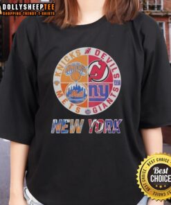 Awesome New York Knicks, Mets, Devils, Giants mashup logo on a ladies tee, perfect for sports fans and team pride.