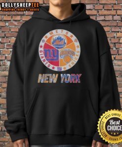 Alt Text: Awesome New York Knicks, Mets, and Giants mashup logo hoodie featuring vibrant team colors and designs.