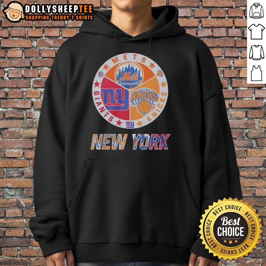 Awesome New York Knicks New York Mets New York Giants Mashup Logo Hoodie Alt Text: Awesome New York Knicks, Mets, and Giants mashup logo hoodie featuring vibrant team colors and designs.