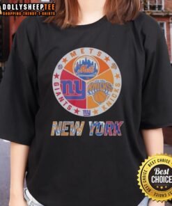Awesome New York Knicks, Mets, Giants mashup logo on a stylish ladies tee, perfect for NYC sports fans.