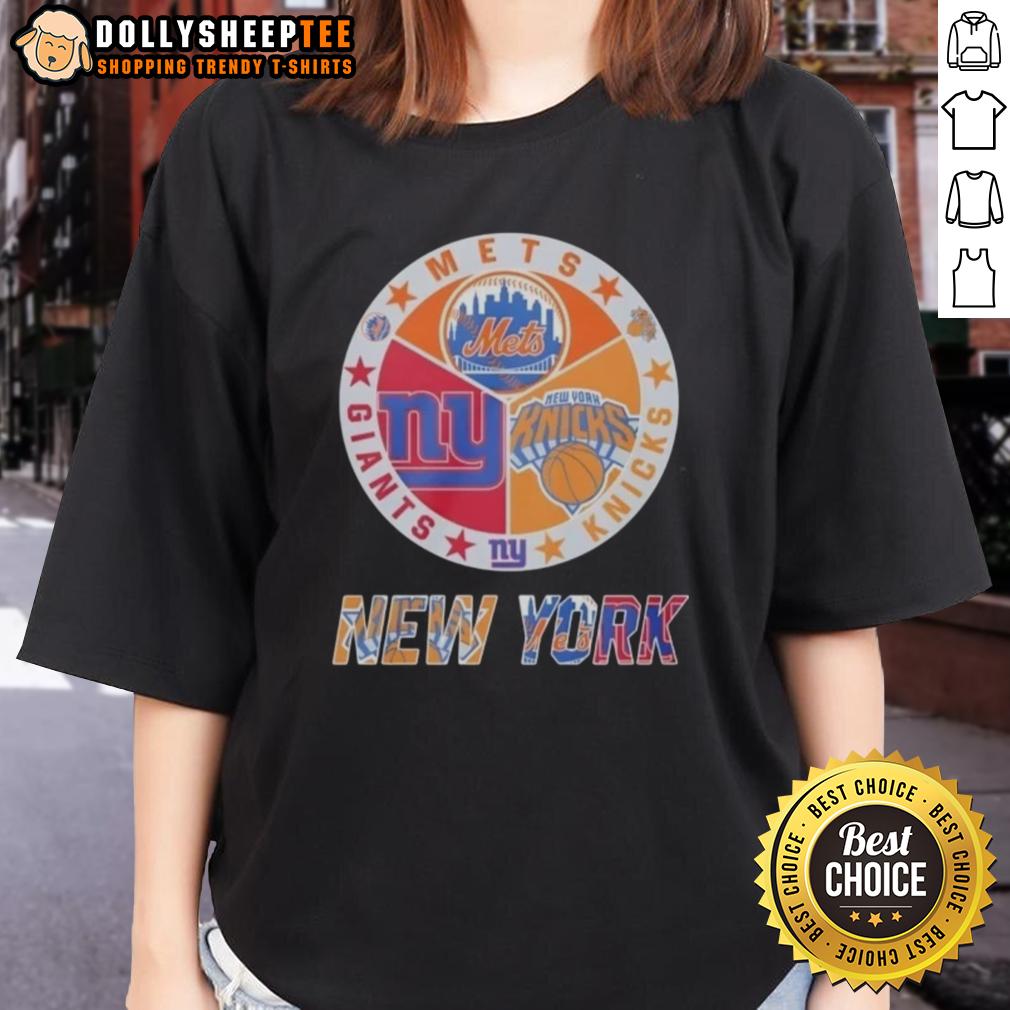 Awesome New York Knicks New York Mets New York Giants Mashup Logo Ladies Tee Awesome New York Knicks, Mets, Giants mashup logo on a stylish ladies tee, perfect for NYC sports fans.