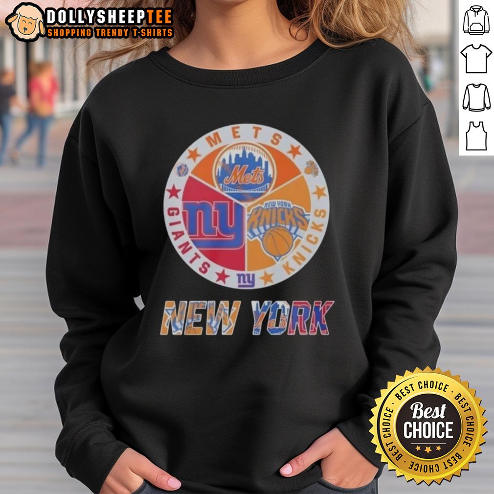 Awesome New York Knicks New York Mets New York Giants Mashup Logo Sweatshirt Alt Text: Stylish sweatshirt featuring a mashup logo of New York Knicks, Mets, and Giants for ultimate fan gear.