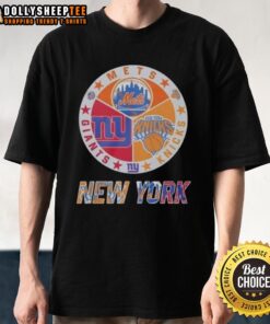 Awesome New York Knicks, Mets, and Giants mashup logo t-shirt showcasing vibrant team colors and unique design.