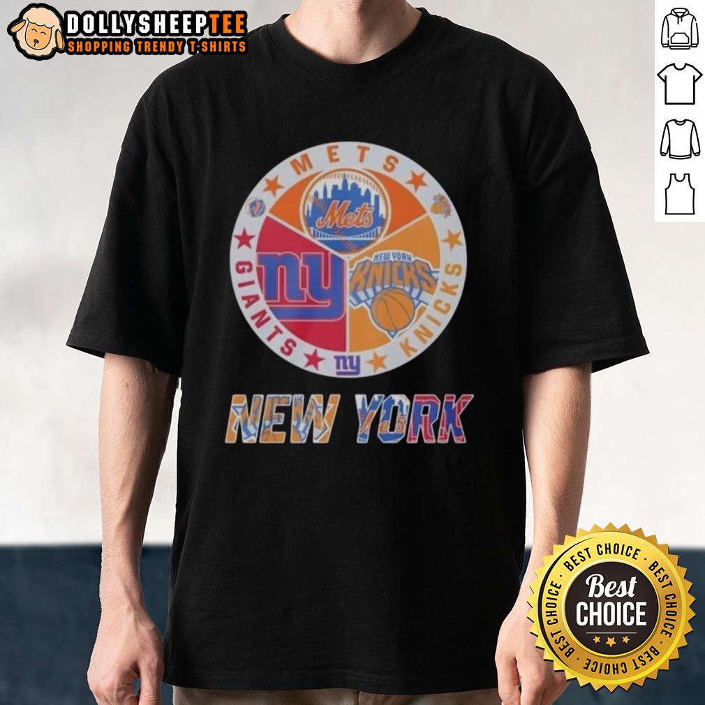 Awesome New York Knicks New York Mets New York Giants Mashup Logo T Shirt Awesome New York Knicks, Mets, and Giants mashup logo t-shirt showcasing vibrant team colors and unique design.