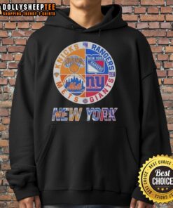 Awesome New York Knicks Mets Giants Rangers mashup logo hoodie showcasing iconic NYC sports team logos.