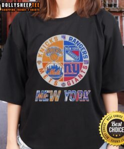 Alt Text: Awesome New York Knicks, Mets, Giants, Rangers mashup logo on ladies tee, perfect for NYC sports fans.