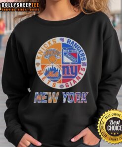 Alt Text: Awesome New York Knicks, Mets, Giants, Rangers mashup logo sweatshirt featuring vibrant team colors and designs.