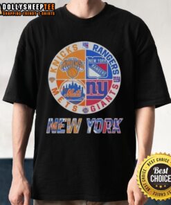 Alt Text: Awesome New York Knicks Mets Giants Rangers mashup logo T-shirt showcasing NYC sports teams' logos in vibrant design.