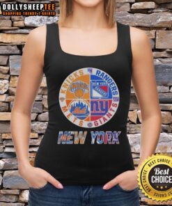 Alt Text: Awesome New York Knicks, Mets, Giants, Rangers mashup logo tank top featuring iconic team colors and designs.