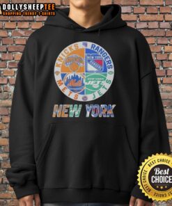 Awesome New York Knicks, Mets, Jets, Rangers mashup logo hoodie showcasing vibrant team colors and designs.