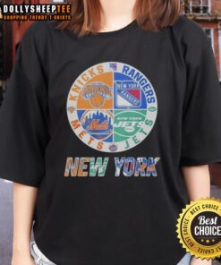 Alt Text: Awesome New York Knicks, Mets, Jets, and Rangers mashup logo on a ladies tee, perfect for NYC sports fans.
