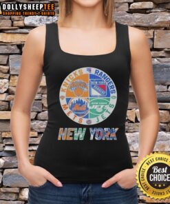 Alt Text: Stylish tank top featuring a mashup logo of New York Knicks, Mets, Jets, and Rangers for sports fans.