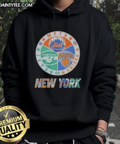 Awesome New York Mets, Jets, and Knicks mashup logo hoodie showcasing iconic team logos in vibrant colors.