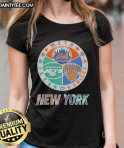 Alt Text: Awesome New York Mets, Jets, and Knicks mashup logo on a ladies tee, showcasing NYC sports team pride.