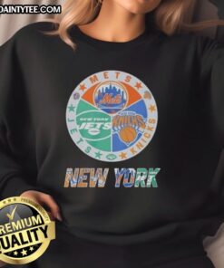 Alt Text: Awesome New York Mets, Jets, and Knicks mashup logo sweatshirt featuring vibrant team colors and sporty design.