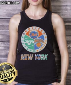 Awesome New York Mets, Jets, and Knicks mashup logo tank top showcasing a unique sports design for fans.