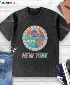 Awesome New York Mets, Jets, and Knicks mashup logo on a washed t-shirt, perfect for sports fans.