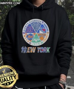 Alt Text: Awesome New York Mets, Knicks, Giants, and Rangers mashup logo hoodie showcasing vibrant team colors and designs.