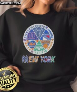 Alt Text: Awesome New York Mets, Knicks, Giants, and Rangers mashup logo sweatshirt showcasing NYC sports team pride.